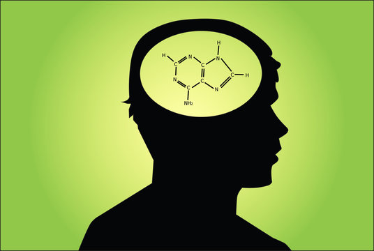 Chemical icon in man's head. concetual vector on green