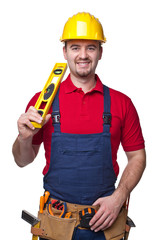 handyman yellow helmet with smiling tools white background. positive expression
