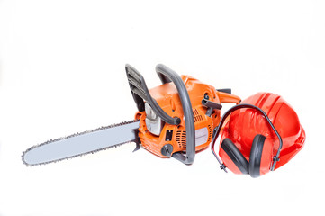 Naklejka premium mechanical gasoline powered chainsaw with protective gear
