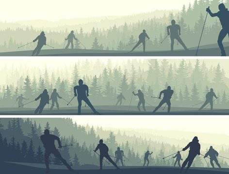 Horizontal banners of skiers in hills coniferous forest.