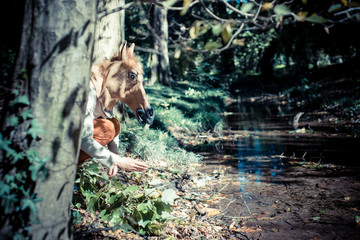 Fototapeta na wymiar young hipster horse mask woman in autumn