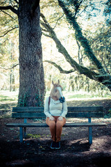 young hipster horse mask woman in autumn