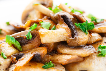Fried chicken fillet with mushrooms