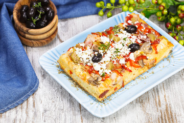 Greek pizza. Greek Pizza with chicken, feta and olives