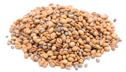 Heap of roasted wheat flakes isolated on white background