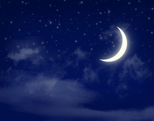 Fototapeta na wymiar Księżyc i gwiazdy w nocy błękitne niebo pochmurnie