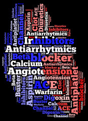 Heart medication and treatment word cloud concept.