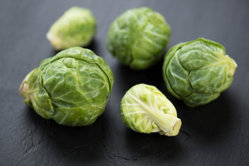 Fototapeta premium Close-up of fresh brussels sprouts, horizontal shot