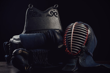 Kendo protection gear, horizontal shot, dark background