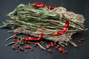 Herbs and spices: rosemary, red chili peppers and peppercorns