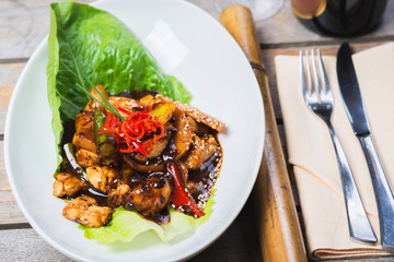 Delicious pieces of chicken in black bean sauce