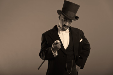 Retro afro american dickens scrooge man with mustache. Wearing b