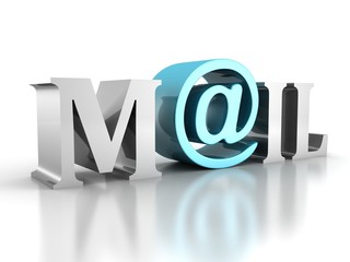 3d mail text with blue "at" symbol on mirror background
