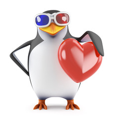 Penguin watches a romantic movie in 3d