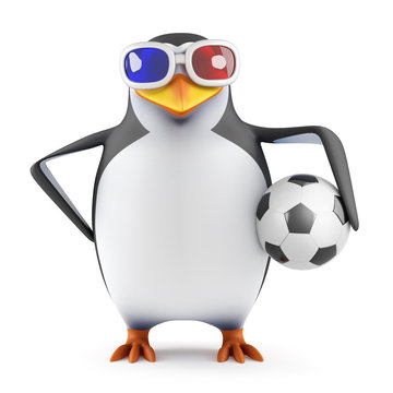 Penguin watches football in 3d
