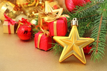 Gold star and Christmas decorations