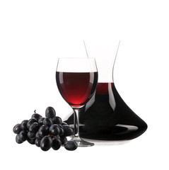 Decanter and glass with red wine
