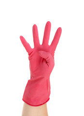 Obraz premium Hand shows four in red rubber glove.