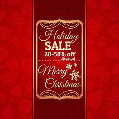 red christmas background and label with sale offer, vector