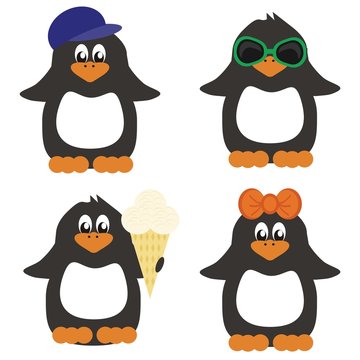 four nice penguins on white background