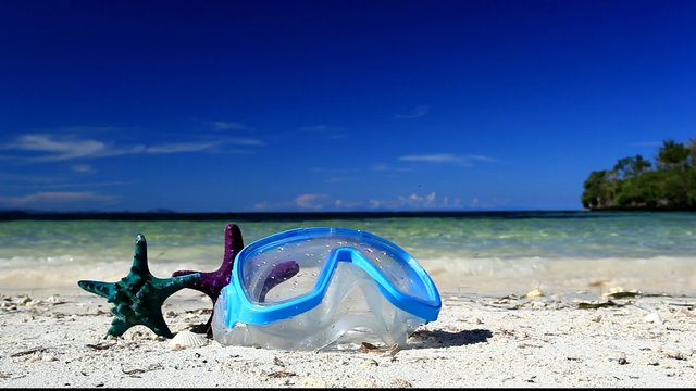 Swimming mask and starfish on tropical beach