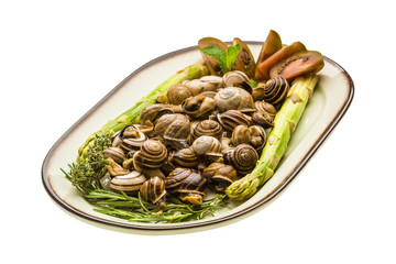 Escargot with asparagus, rosemary, thymus and tomato