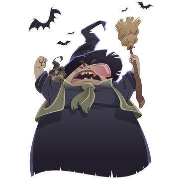 Cartoon scary witch with broom and owl