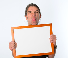 boldfaced man with white signboard