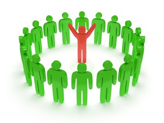 Green people around red man. 3D render.