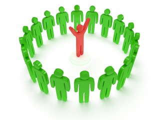 Green people around red man. 3D render.