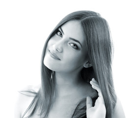 Naklejka premium young beautiful woman, female face closeup, over white