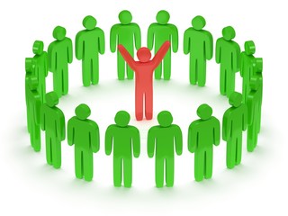 Green people around red man. 3D render.