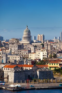 Havana.View of the old city through bay from Morro's fortress.