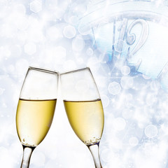 background with champagne glasses and clock