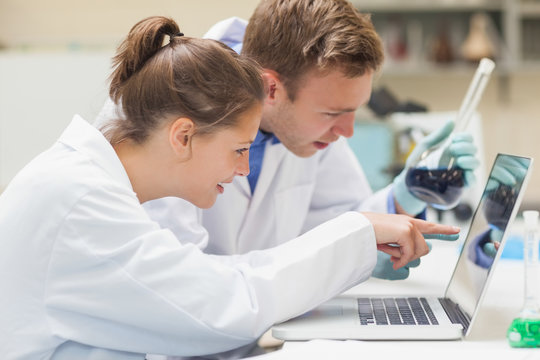 Two students working at laptop