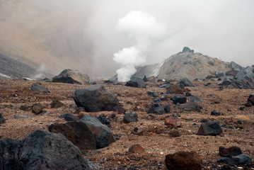 Volcanic vents with smoke, sulfur and ash. Located on Kamchatka