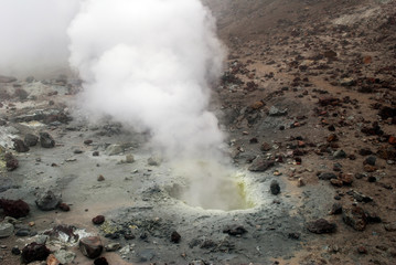 Volcanic vents with smoke, sulfur and ash. Located on Kamchatka