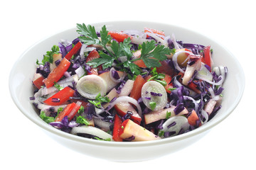 Salad made with red cabbage, apples, leeks and paprika