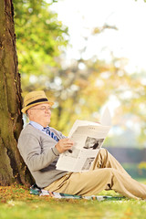 Fototapeta premium Smiling senior gentleman seated reading a newspaper at autumn