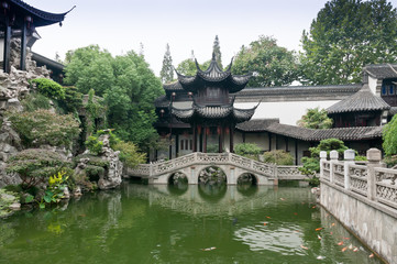 in the garden pond and pavilion ，in China
