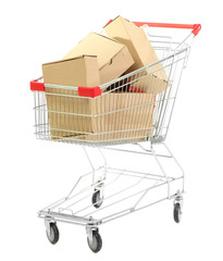 Shopping cart with carton, isolated on white
