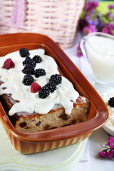 Cheese casserole with raisins in pan