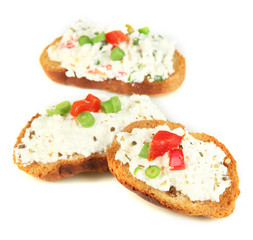 Sandwiches with cottage cheese and greens isolated on white