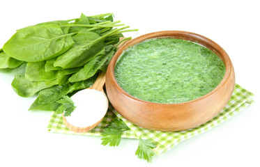 Tasty spinach soup, isolated on white