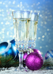 Composition with Christmas decorations and two champagne