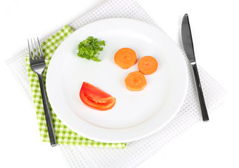 Small portion of food on big plate isolated on white