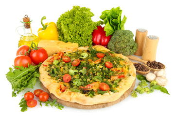 Tasty vegetarian pizza and vegetables, isolated on white