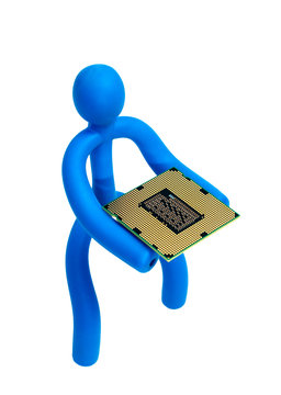 Rubber man with a processor isolated on white background