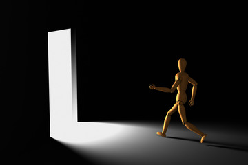 3D model of puppet running out of the dark room to bright exit