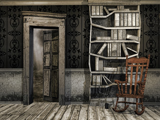 Stary zakurzony pokój z fotelem bujanym i książkami - obrazy, fototapety, plakaty